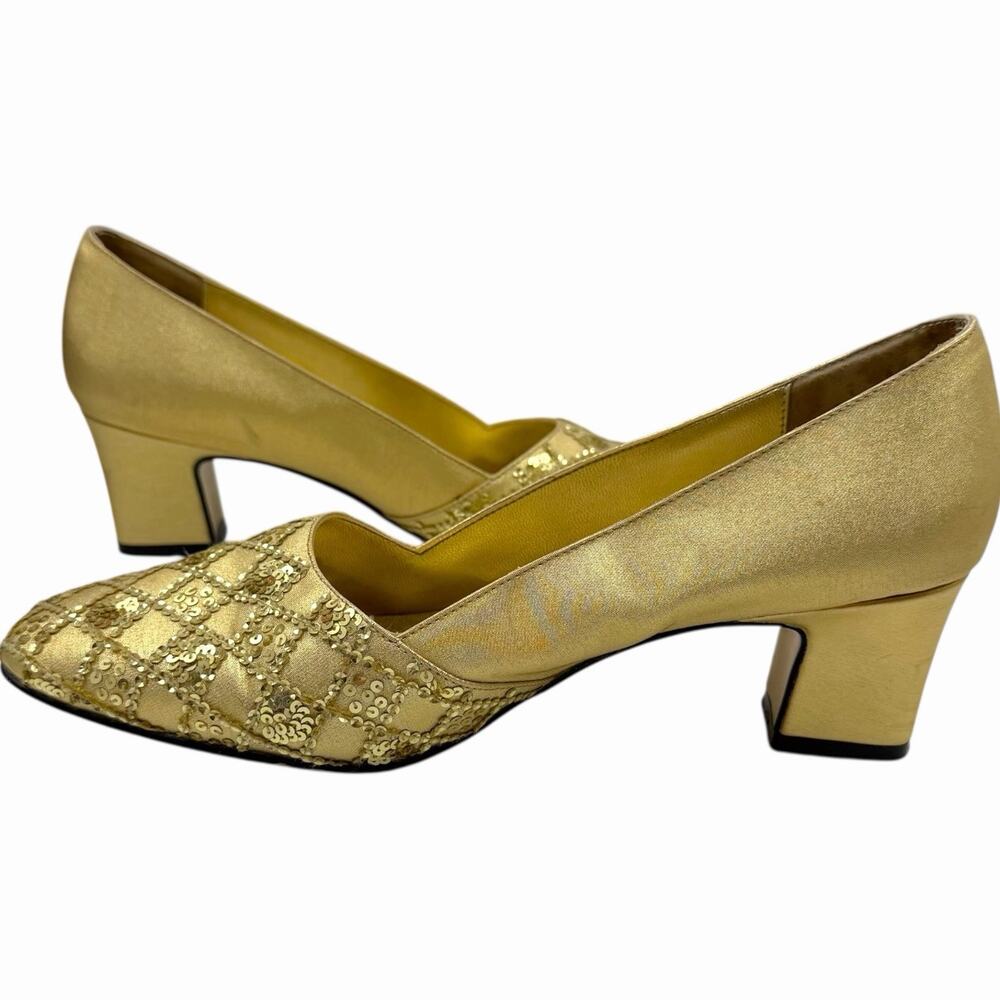 VTG 80s 90s GOLD SEQUIN PUMPS HEELS HARLEQUIN LUXURY OLD MONEY RETRO 6 1/2 DOLCE